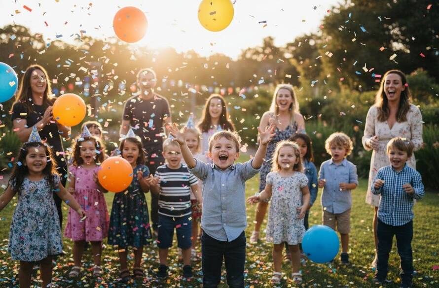 A vibrant, candid, wide-angle shot capturing the peak of a joyful party celebration in Croydon Hills, Victoria, featuring laughing children and adults under warm evening lights, perfectly illustrating joyful party photography Croydon Hills celebrations.