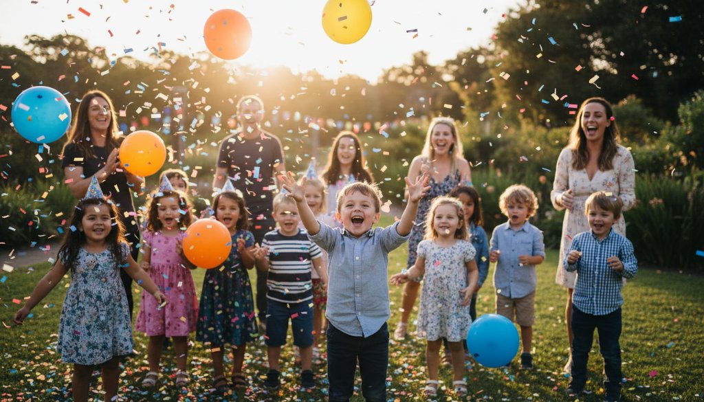 A vibrant, candid, wide-angle shot capturing the peak of a joyful party celebration in Croydon Hills, Victoria, featuring laughing children and adults under warm evening lights, perfectly illustrating joyful party photography Croydon Hills celebrations.