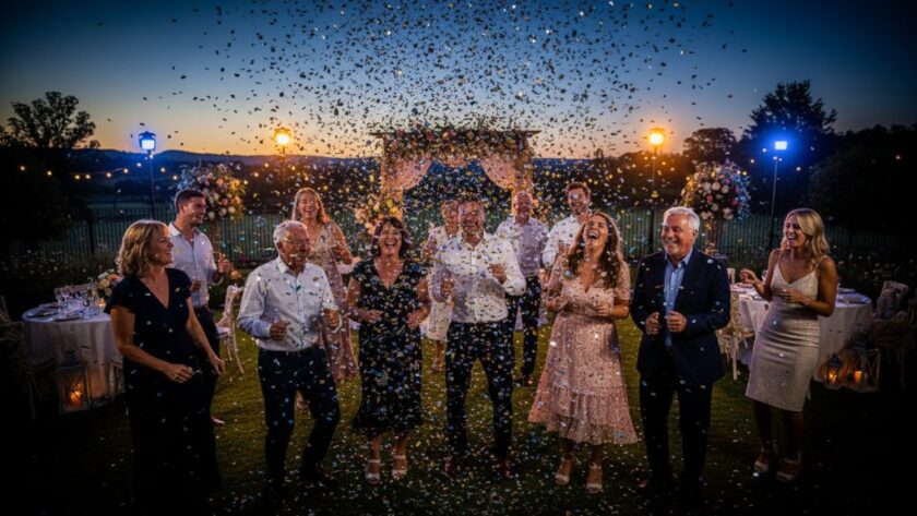 Joyful party photography Warragul Victoria capturing a candid, dramatic wide shot of guests cheering with confetti raining down, bathed in vibrant, professional studio lighting at an outdoor evening party, reflecting pure celebration.