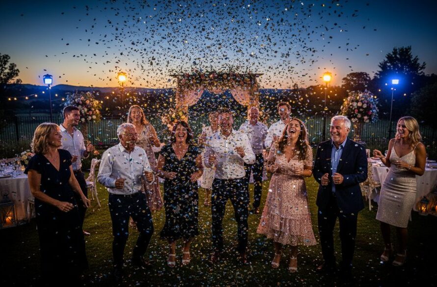 Joyful party photography Warragul Victoria capturing a candid, dramatic wide shot of guests cheering with confetti raining down, bathed in vibrant, professional studio lighting at an outdoor evening party, reflecting pure celebration.