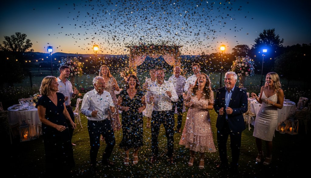 Joyful party photography Warragul Victoria capturing a candid, dramatic wide shot of guests cheering with confetti raining down, bathed in vibrant, professional studio lighting at an outdoor evening party, reflecting pure celebration.