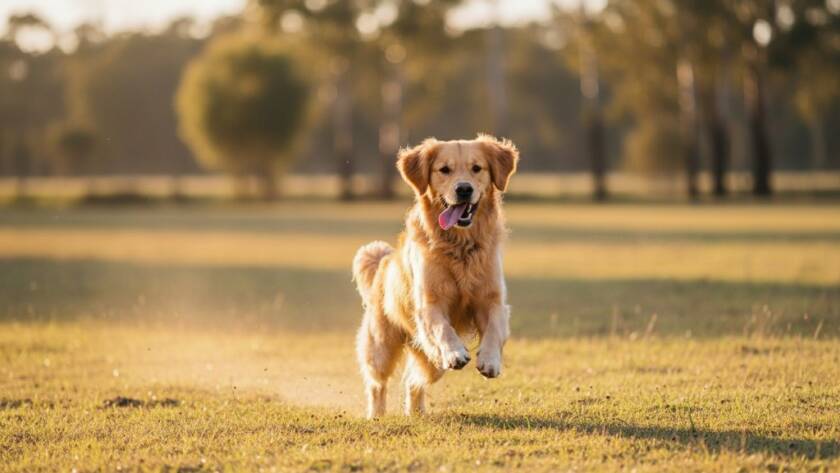 An epic moment of joyful pet photography Ardeer Victoria, featuring a golden retriever mid-leap, tongue out, chasing a ball in a sun-drenched Ardeer park, backlighting highlighting its fur against a blurred green background, captured with dynamic motion blur.