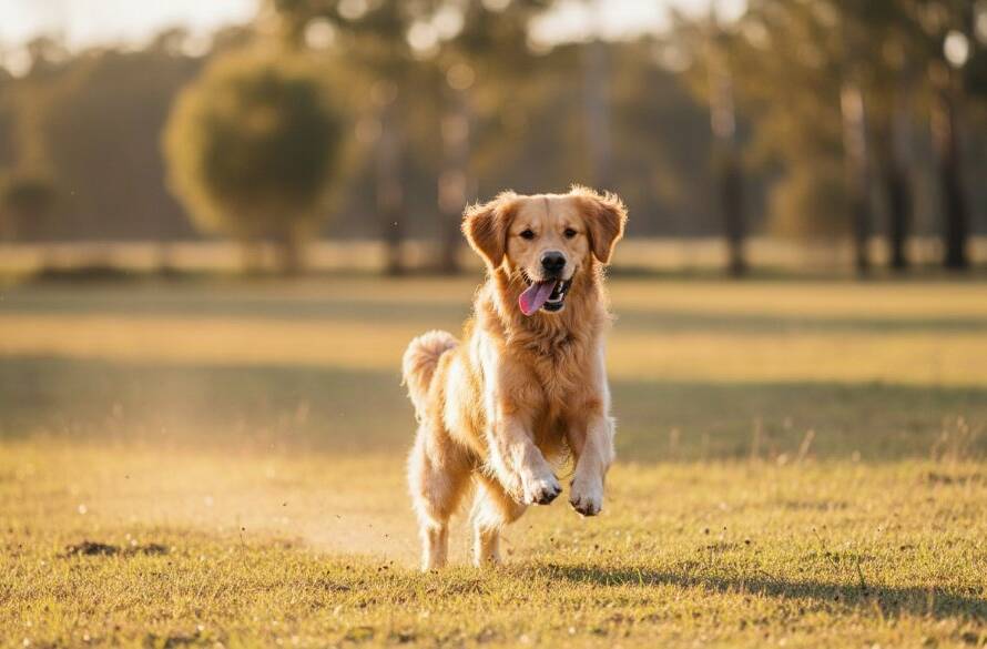 An epic moment of joyful pet photography Ardeer Victoria, featuring a golden retriever mid-leap, tongue out, chasing a ball in a sun-drenched Ardeer park, backlighting highlighting its fur against a blurred green background, captured with dynamic motion blur.