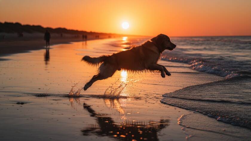 An epic moment of joyful pet photography Aspendale beach featuring a golden retriever joyfully leaping through shallow waves at sunset, spray catching the golden light, a truly heartwarming and professionally captured image.