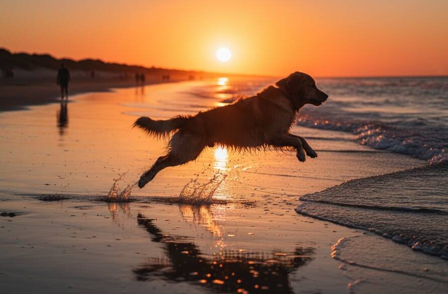An epic moment of joyful pet photography Aspendale beach featuring a golden retriever joyfully leaping through shallow waves at sunset, spray catching the golden light, a truly heartwarming and professionally captured image.