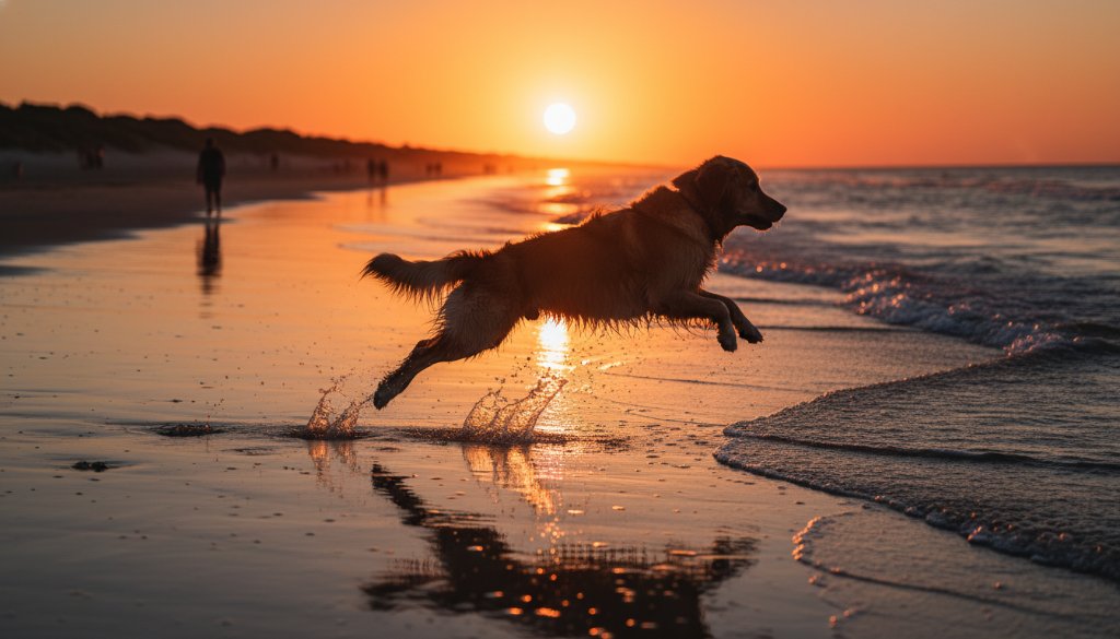 An epic moment of joyful pet photography Aspendale beach featuring a golden retriever joyfully leaping through shallow waves at sunset, spray catching the golden light, a truly heartwarming and professionally captured image.