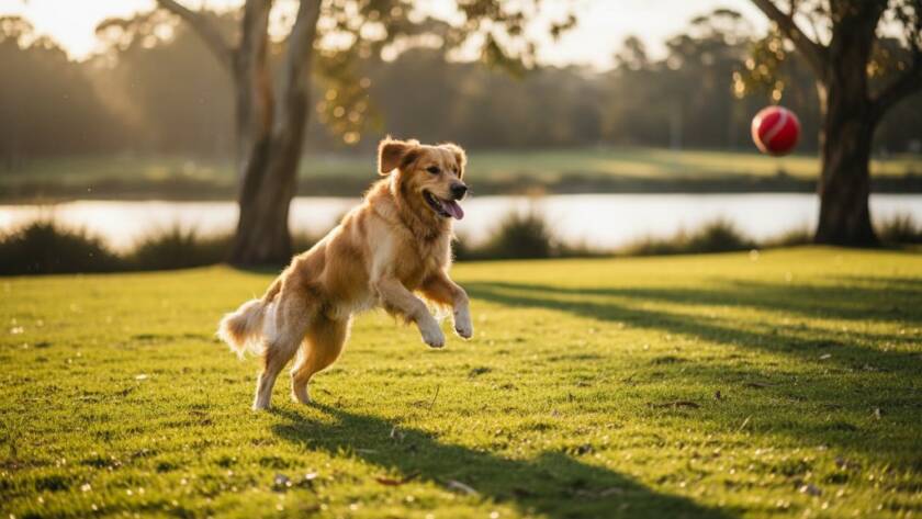 A golden retriever captured in a moment of pure bliss during a joyful pet photography session at Berwick's Wilson Botanic Park, mid-leap through vibrant green grass with dramatic golden hour light, showing its happy expression.