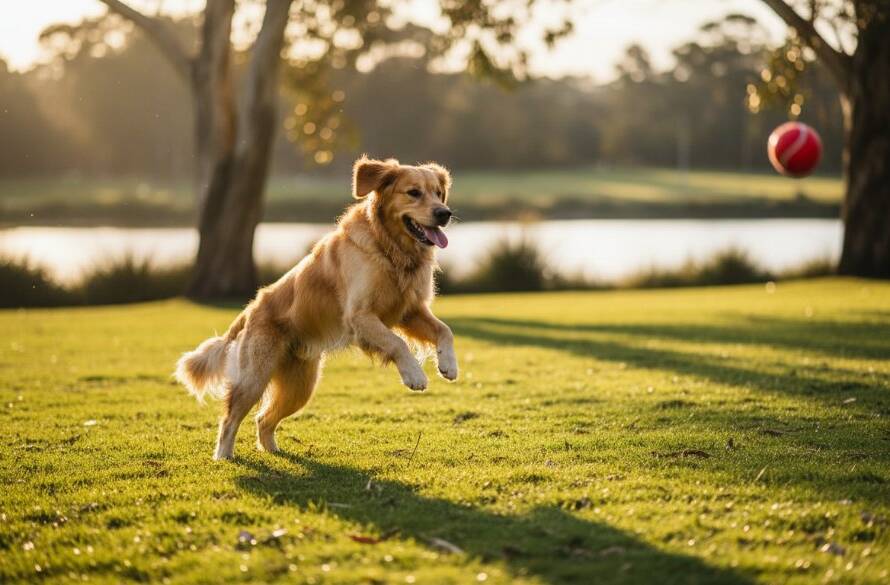 A golden retriever captured in a moment of pure bliss during a joyful pet photography session at Berwick's Wilson Botanic Park, mid-leap through vibrant green grass with dramatic golden hour light, showing its happy expression.