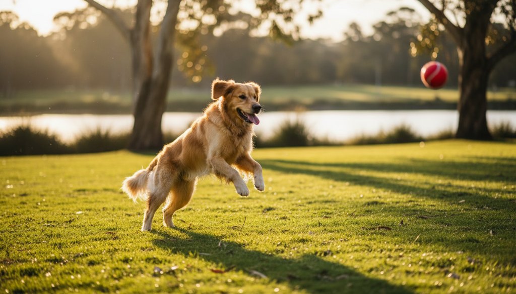 A golden retriever captured in a moment of pure bliss during a joyful pet photography session at Berwick's Wilson Botanic Park, mid-leap through vibrant green grass with dramatic golden hour light, showing its happy expression.