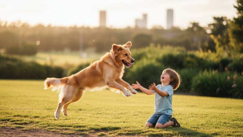 A heartwarming, epic moment captured in joyful pet photography Caroline Springs family session, showing a golden retriever leaping with pure joy towards a child in a sun-drenched park, with lush green trees and a hint of a Caroline Springs landmark in the soft-focus background, professionally color-graded and dramatically lit.
