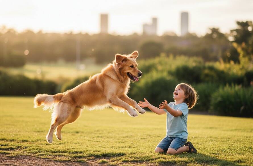A heartwarming, epic moment captured in joyful pet photography Caroline Springs family session, showing a golden retriever leaping with pure joy towards a child in a sun-drenched park, with lush green trees and a hint of a Caroline Springs landmark in the soft-focus background, professionally color-graded and dramatically lit.