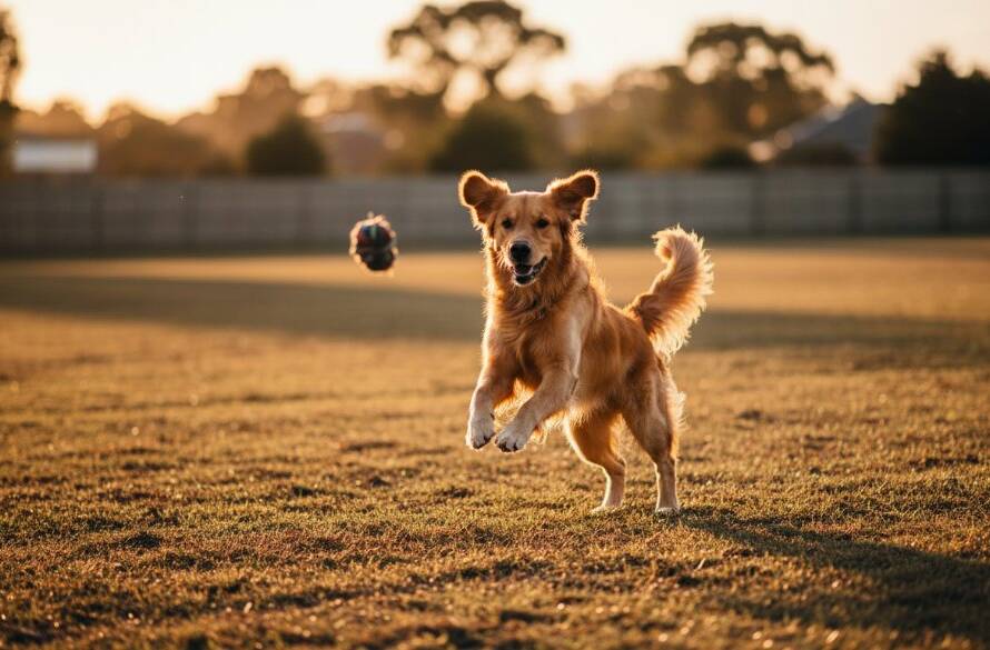 A majestic golden retriever captured mid-leap with pure joy in a sun-drenched park in Croydon South, Victoria, showcasing a joyful pet photography Croydon South Victoria session with dynamic action and a loving bond.