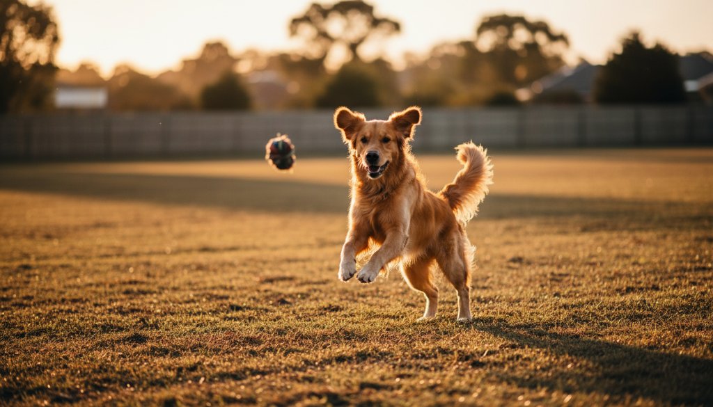 A majestic golden retriever captured mid-leap with pure joy in a sun-drenched park in Croydon South, Victoria, showcasing a joyful pet photography Croydon South Victoria session with dynamic action and a loving bond.