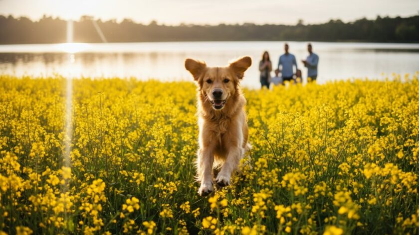 A golden retriever joyfully leaping through a field of wildflowers near Lake Wendouree, Eureka, chasing a ball with a family in the background, bathed in dramatic golden hour light. Capturing joyful pet photography Eureka family adventures in an epic, professionally colour-graded cinematic style.