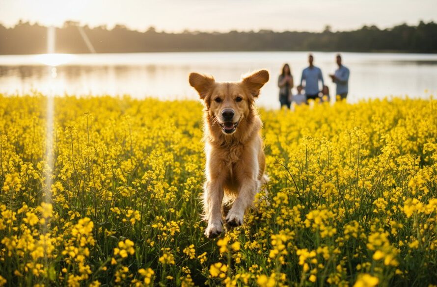 A golden retriever joyfully leaping through a field of wildflowers near Lake Wendouree, Eureka, chasing a ball with a family in the background, bathed in dramatic golden hour light. Capturing joyful pet photography Eureka family adventures in an epic, professionally colour-graded cinematic style.