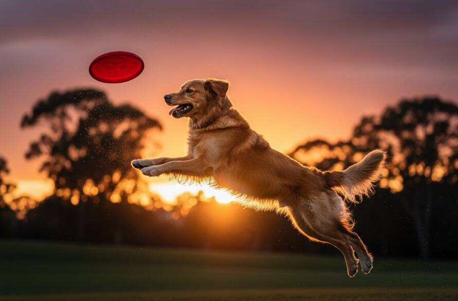 An energetic golden retriever mid-leap, fetching a frisbee with a joyful expression in Kings Park, Victoria, bathed in golden hour light, embodying joyful pet photography Kings Park Victoria.