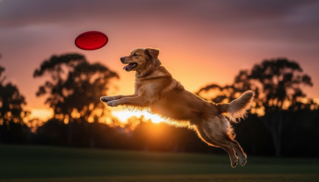 An energetic golden retriever mid-leap, fetching a frisbee with a joyful expression in Kings Park, Victoria, bathed in golden hour light, embodying joyful pet photography Kings Park Victoria.