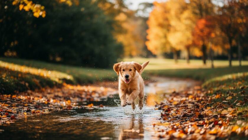 An adorable golden retriever puppy joyfully leaping through autumn leaves in a sun-dappled Knoxfield park, capturing a blissful and energetic moment for joyful pet photography Knoxfield family memories.