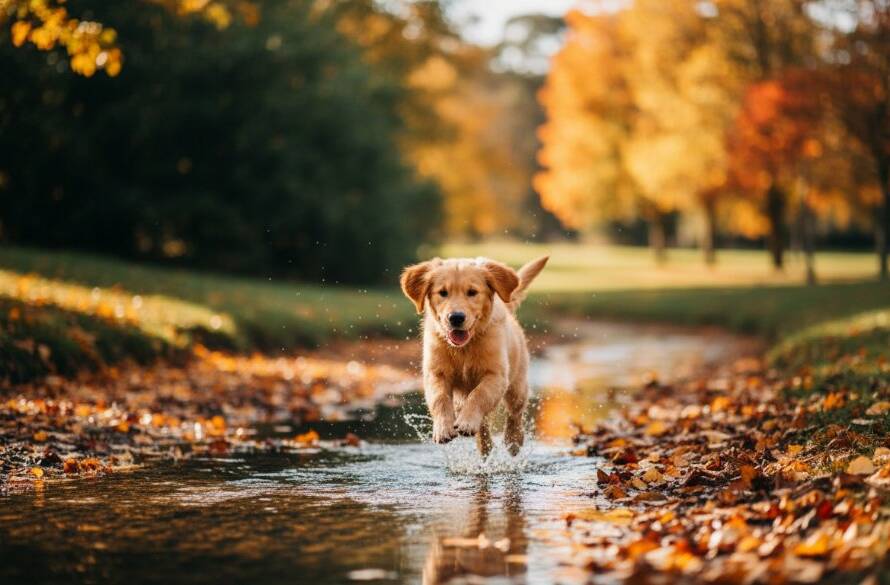 An adorable golden retriever puppy joyfully leaping through autumn leaves in a sun-dappled Knoxfield park, capturing a blissful and energetic moment for joyful pet photography Knoxfield family memories.