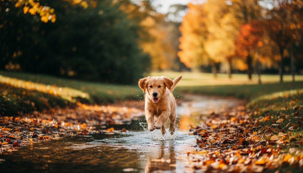 An adorable golden retriever puppy joyfully leaping through autumn leaves in a sun-dappled Knoxfield park, capturing a blissful and energetic moment for joyful pet photography Knoxfield family memories.