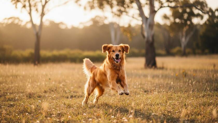 An adorable golden retriever joyfully leaping through a sun-drenched field near Lang Lang, Victoria, during a joyful pet photography Lang Lang Victoria natural light session. The dog is captured mid-air with a blurred background of native Australian bushland, dramatic golden hour lighting, and professional colour grading, showcasing an epic moment of pure happiness.
