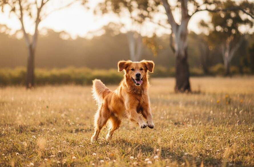 An adorable golden retriever joyfully leaping through a sun-drenched field near Lang Lang, Victoria, during a joyful pet photography Lang Lang Victoria natural light session. The dog is captured mid-air with a blurred background of native Australian bushland, dramatic golden hour lighting, and professional colour grading, showcasing an epic moment of pure happiness.