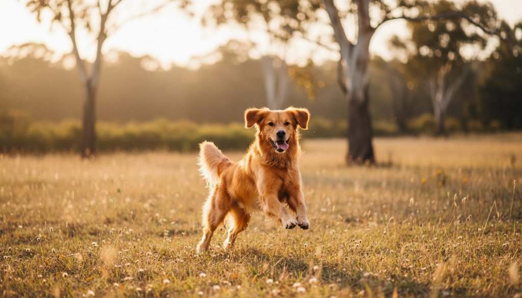 An adorable golden retriever joyfully leaping through a sun-drenched field near Lang Lang, Victoria, during a joyful pet photography Lang Lang Victoria natural light session. The dog is captured mid-air with a blurred background of native Australian bushland, dramatic golden hour lighting, and professional colour grading, showcasing an epic moment of pure happiness.