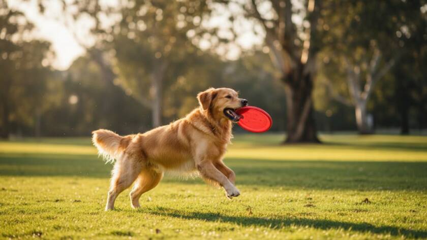 A heartwarming, epic moment captured: a golden retriever mid-leap, tongue out, joyfully chasing a ball in a sun-dappled Malvern East park, showcasing professional joyful pet photography Malvern East parks. Dramatic lighting highlights its playful energy.