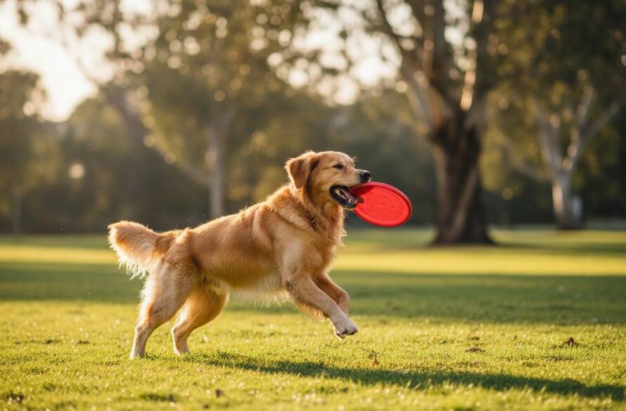 A heartwarming, epic moment captured: a golden retriever mid-leap, tongue out, joyfully chasing a ball in a sun-dappled Malvern East park, showcasing professional joyful pet photography Malvern East parks. Dramatic lighting highlights its playful energy.
