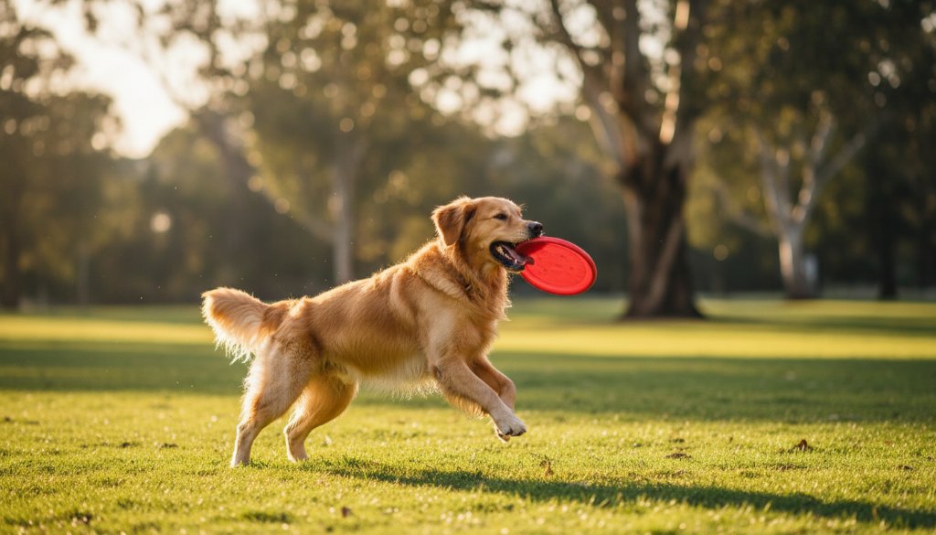 A heartwarming, epic moment captured: a golden retriever mid-leap, tongue out, joyfully chasing a ball in a sun-dappled Malvern East park, showcasing professional joyful pet photography Malvern East parks. Dramatic lighting highlights its playful energy.