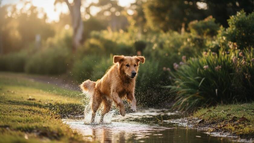 Joyful Pet Photography Noble Park North: A golden retriever mid-leap, tongue out, chasing a ball in a sun-drenched park, capturing an epic moment of pure happiness and playful energy.