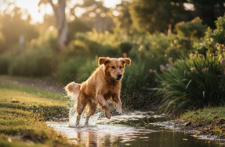 Joyful Pet Photography Noble Park North: A golden retriever mid-leap, tongue out, chasing a ball in a sun-drenched park, capturing an epic moment of pure happiness and playful energy.