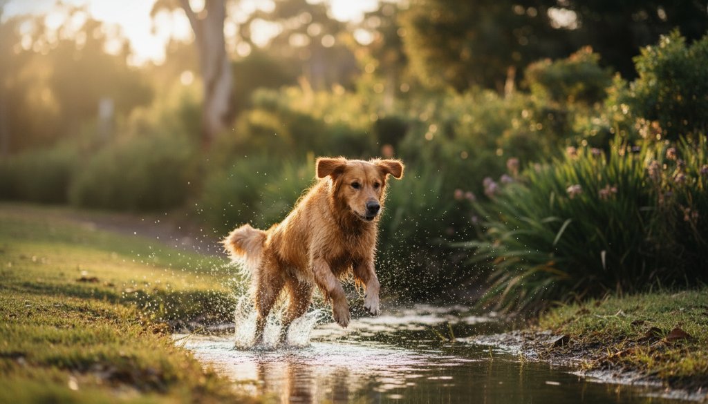 Joyful Pet Photography Noble Park North: A golden retriever mid-leap, tongue out, chasing a ball in a sun-drenched park, capturing an epic moment of pure happiness and playful energy.