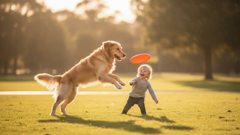 An epic moment of joyful pet photography Nunawading family moments, featuring a golden retriever mid-leap playing fetch with a child in a sun-drenched Nunawading park, captured with dramatic lighting and professional colour grading.