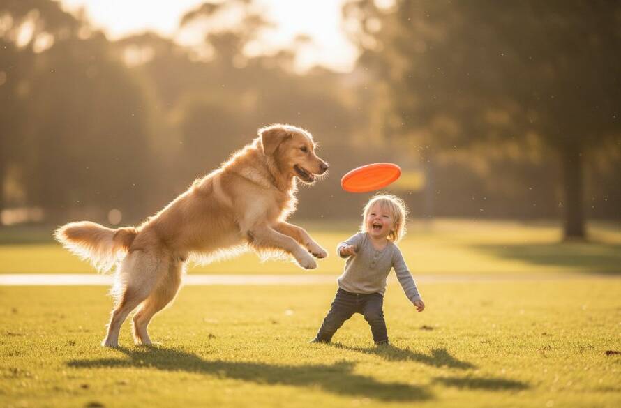 An epic moment of joyful pet photography Nunawading family moments, featuring a golden retriever mid-leap playing fetch with a child in a sun-drenched Nunawading park, captured with dramatic lighting and professional colour grading.