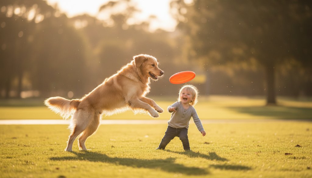 An epic moment of joyful pet photography Nunawading family moments, featuring a golden retriever mid-leap playing fetch with a child in a sun-drenched Nunawading park, captured with dramatic lighting and professional colour grading.