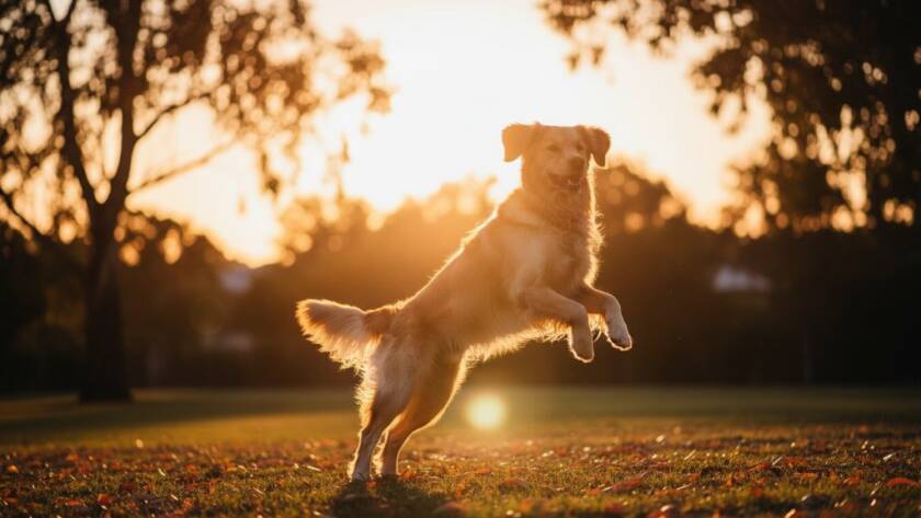A stunning wide-angle shot of a golden retriever joyfully leaping through golden afternoon light in a lush Ringwood East park, with its owner smiling warmly in the background, embodying the spirit of joyful pet photography Ringwood East park adventures. The light dramatically backlights the dog's fur, creating an angelic halo effect.