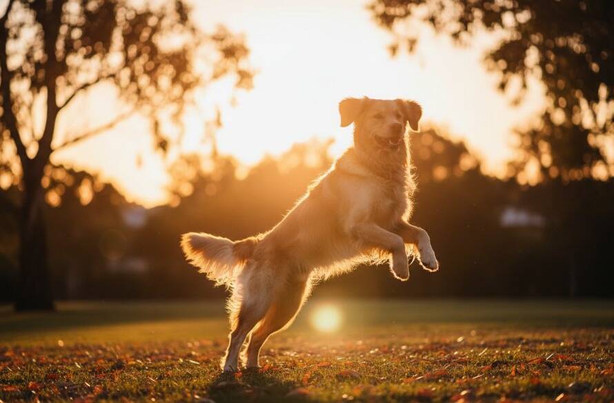 A stunning wide-angle shot of a golden retriever joyfully leaping through golden afternoon light in a lush Ringwood East park, with its owner smiling warmly in the background, embodying the spirit of joyful pet photography Ringwood East park adventures. The light dramatically backlights the dog's fur, creating an angelic halo effect.