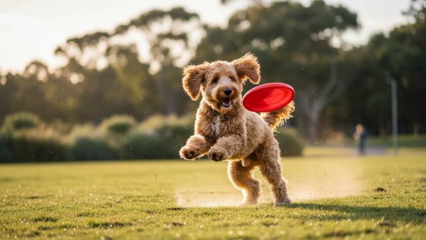 A golden retriever joyfully leaping through a sun-drenched field in Scoresby, Victoria, its fur glowing, capturing an epic moment of pure happiness through joyful pet photography Scoresby Victoria.
