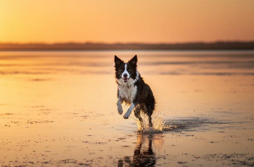 A golden retriever mid-leap, joyfully catching a frisbee at sunset in the lush wetlands near Laverton, Victoria, during a joyful pet photography session, with dramatic backlighting and a professional, cinematic feel.