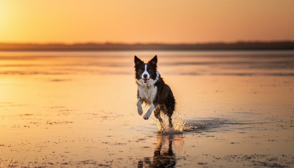 A golden retriever mid-leap, joyfully catching a frisbee at sunset in the lush wetlands near Laverton, Victoria, during a joyful pet photography session, with dramatic backlighting and a professional, cinematic feel.