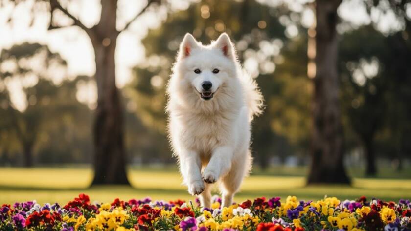 An epic moment of joyful pet photography Springvale South VIC, featuring a golden retriever mid-leap, catching a frisbee in a sun-drenched park, with the Springvale South community garden blurred beautifully in the background, professional colour grading.