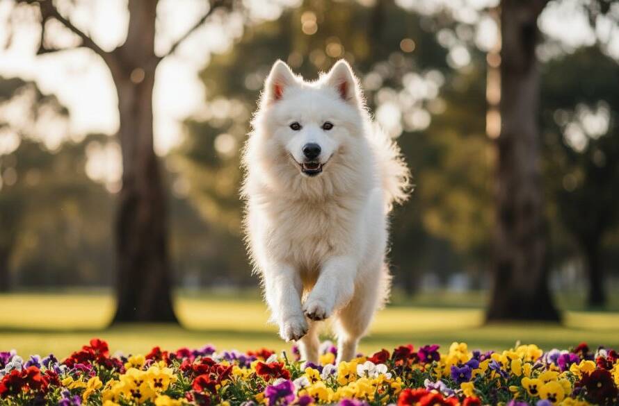 An epic moment of joyful pet photography Springvale South VIC, featuring a golden retriever mid-leap, catching a frisbee in a sun-drenched park, with the Springvale South community garden blurred beautifully in the background, professional colour grading.