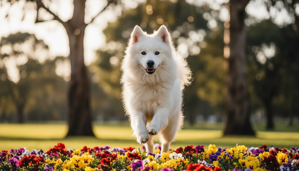 An epic moment of joyful pet photography Springvale South VIC, featuring a golden retriever mid-leap, catching a frisbee in a sun-drenched park, with the Springvale South community garden blurred beautifully in the background, professional colour grading.