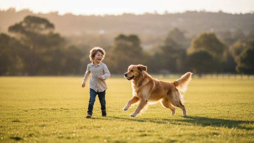 A heartwarming and joyful pet photography Templestowe Lower family portrait, featuring a golden retriever joyfully leaping through golden hour light with a child, captured with dramatic lighting and professional colour grading.