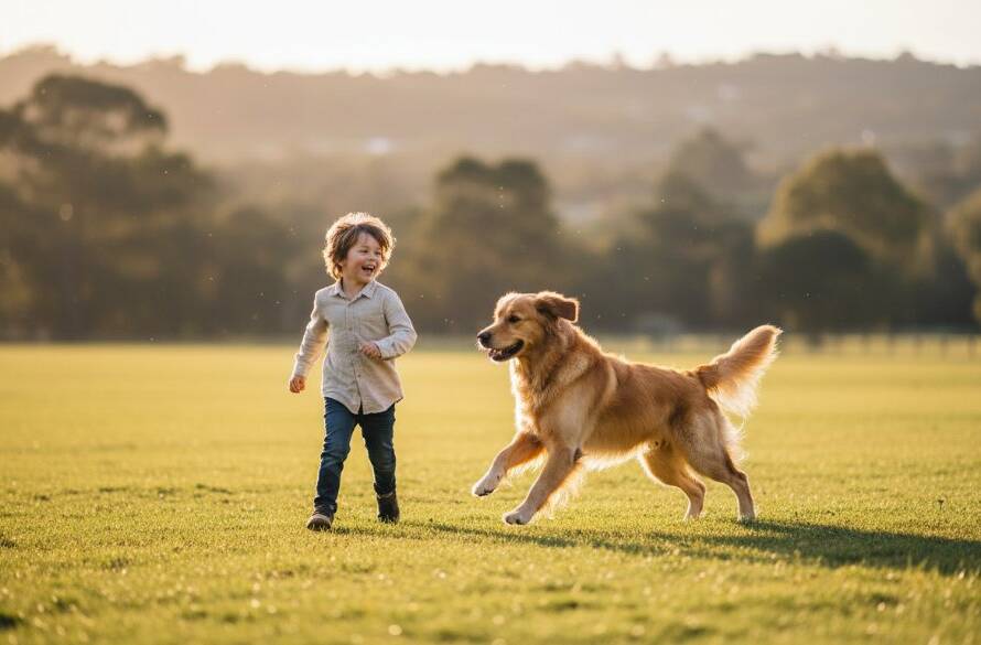 A heartwarming and joyful pet photography Templestowe Lower family portrait, featuring a golden retriever joyfully leaping through golden hour light with a child, captured with dramatic lighting and professional colour grading.