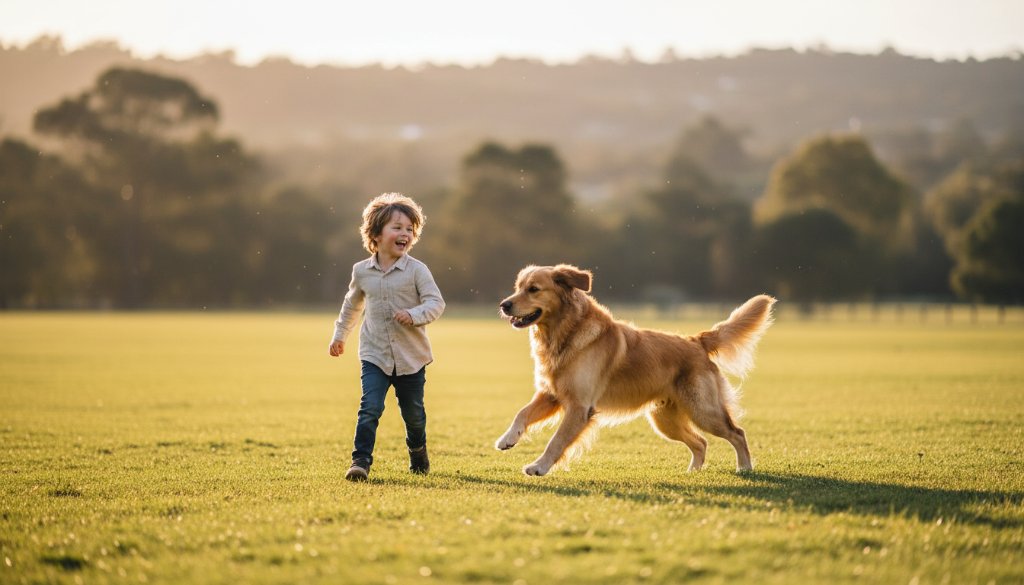 A heartwarming and joyful pet photography Templestowe Lower family portrait, featuring a golden retriever joyfully leaping through golden hour light with a child, captured with dramatic lighting and professional colour grading.