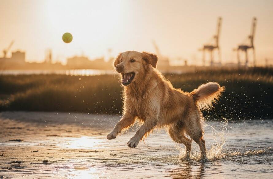 A jubilant golden retriever mid-leap, playing fetch on the sunny foreshore near the Williamstown North wetlands, showcasing joyful pet photography Williamstown North with dramatic, professional lighting.