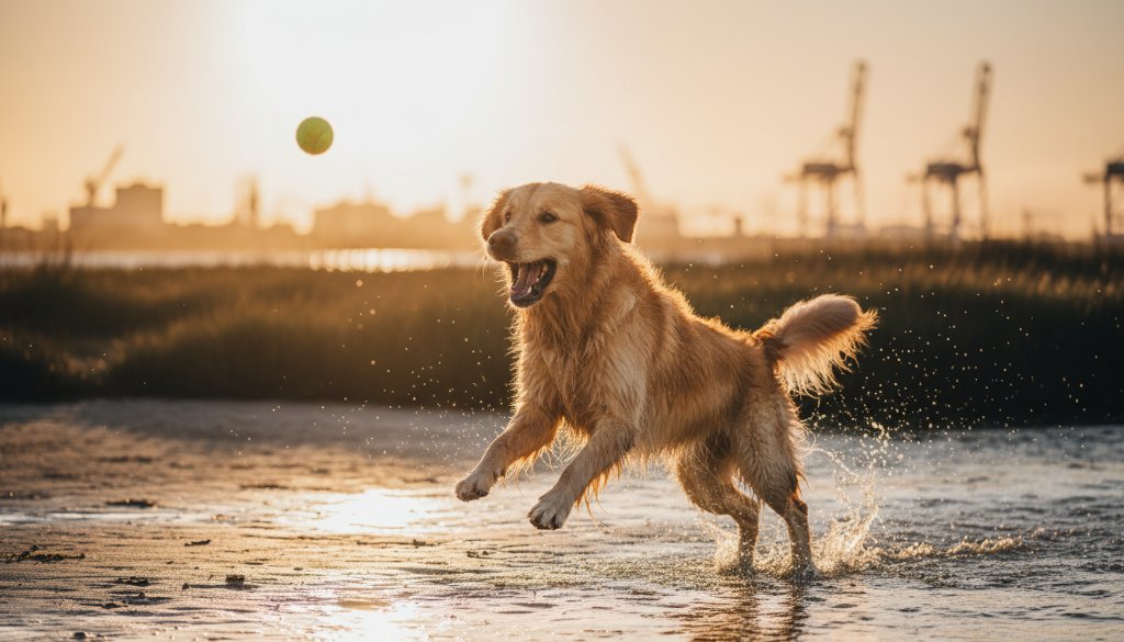 A jubilant golden retriever mid-leap, playing fetch on the sunny foreshore near the Williamstown North wetlands, showcasing joyful pet photography Williamstown North with dramatic, professional lighting.