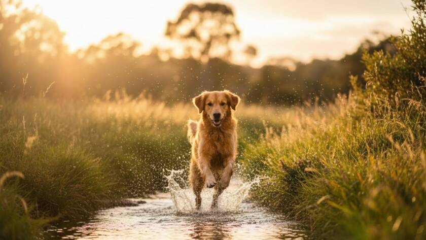 An epic moment of a golden retriever joyfully leaping through long grass at Wyndham Vale's parklands, bathed in golden hour light, captured during a joyful pet photography Wyndham Vale adventure.